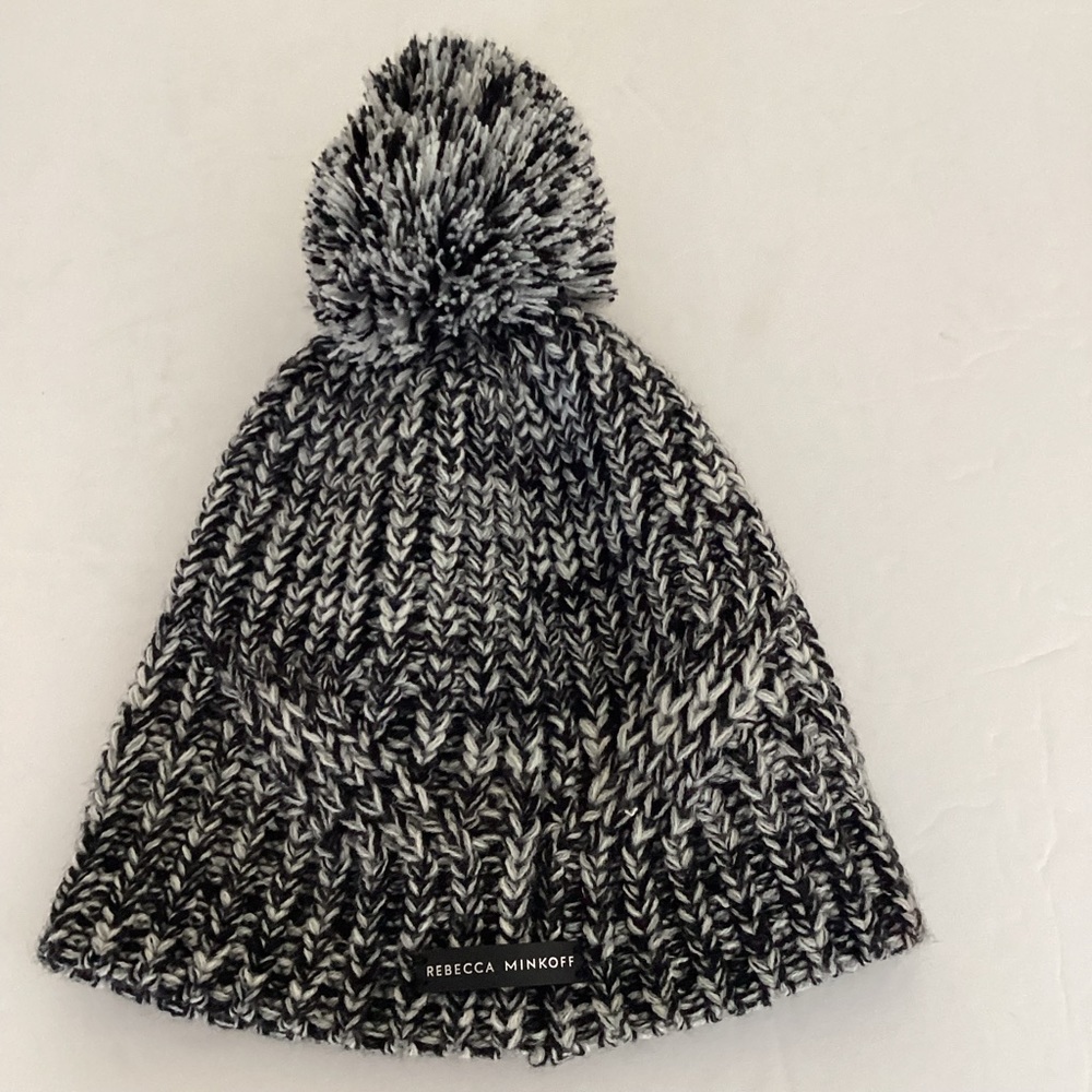 Rebecca Minkoff Black Gray Marled Knit Pom-Pom Beanie Chunky Ribbed